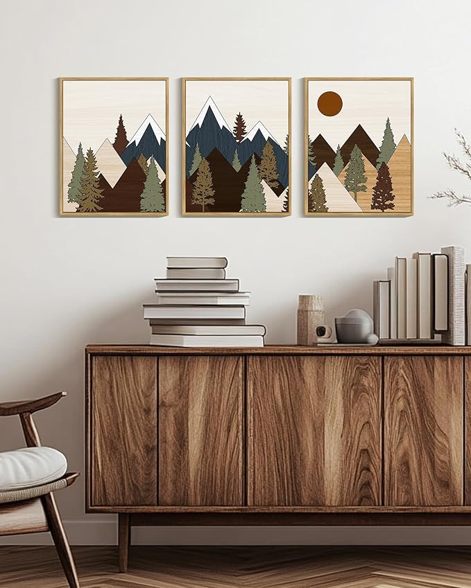 Drsoum Morden Mountains Landscape Wall Art Framed Boho Pine Tree Forest Nature Prints Boho Farmhouse Rustic Artwork Hallway Bedroom Ready to Hang 11x14in Natural Framed
