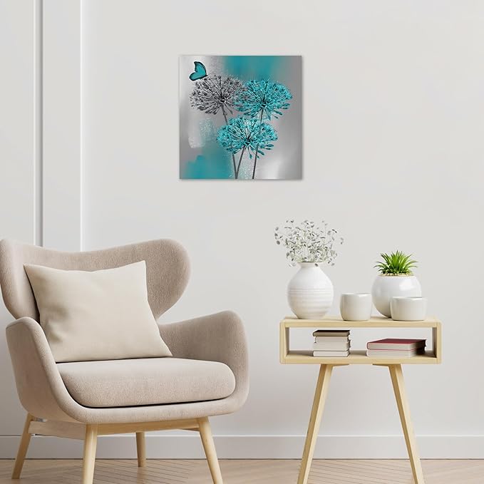 LB Dandelion Canvas Wall Art Teal Grey Dandelion with Butterfly on Abstract Background Wall Art Plant Wall Decor for Living Room Bedroom Bathroom Office Home Framed Ready to Hang 12L x 12W Inch