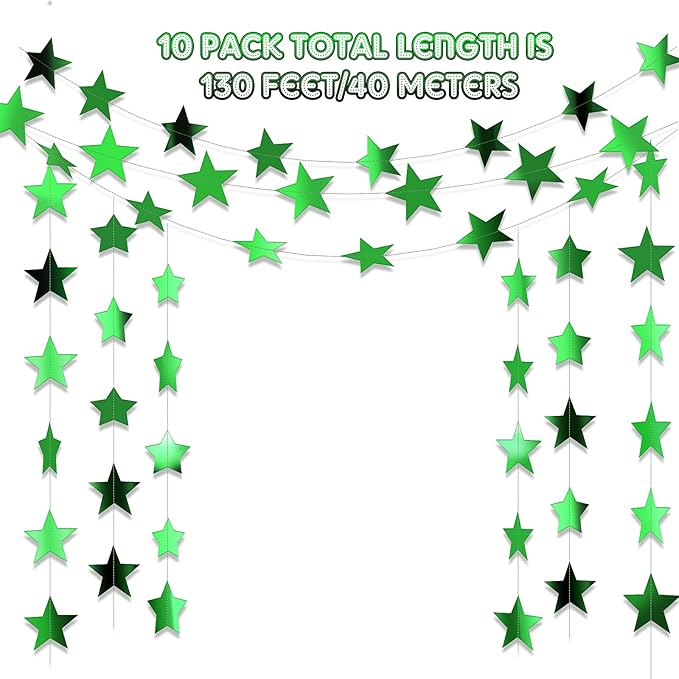 Patelai Glitter Star Garland Banner 2026 Graduation Decor 130 Feet Star Hanging Banner Twinkle Backdrop for Party Birthday Classroom Wedding Supplies(Green)