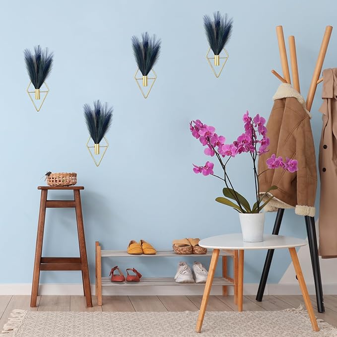 Hanaive 4 Sets Boho Wall Decor Metal Wall Art Hanging Planters with Artificial Pampas Display Modern Home Vase for Bedroom Home Office(Mazarine, Turquoise, Peacock Blue, Light Gray,Gradient Blue)