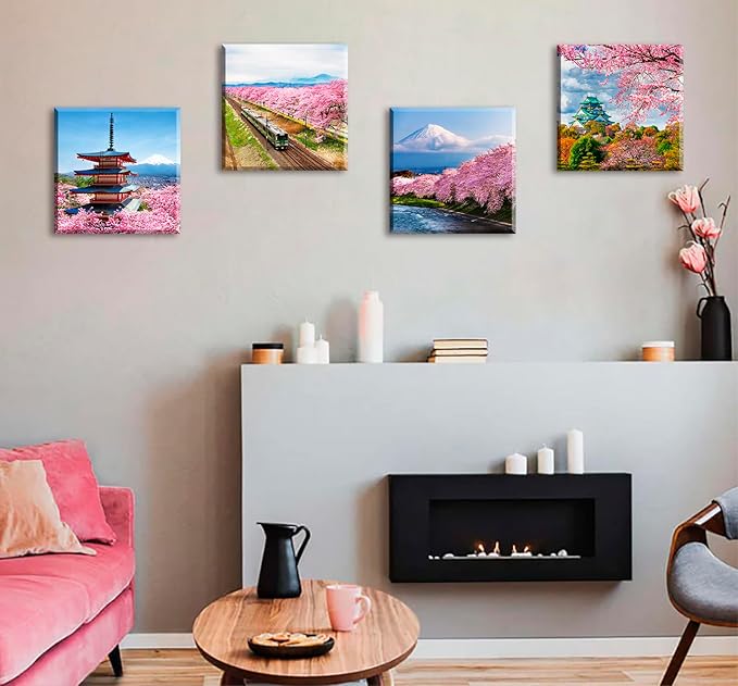 Japanese Cherry Blossom Wall Art - Asian Nature Landscape Romantic Canvas Prints Japanese Mount Fuji Posters Spring Scenery Pictures Modern Artwork for Bedroom Living Room Home Decoration 12"X12"X4