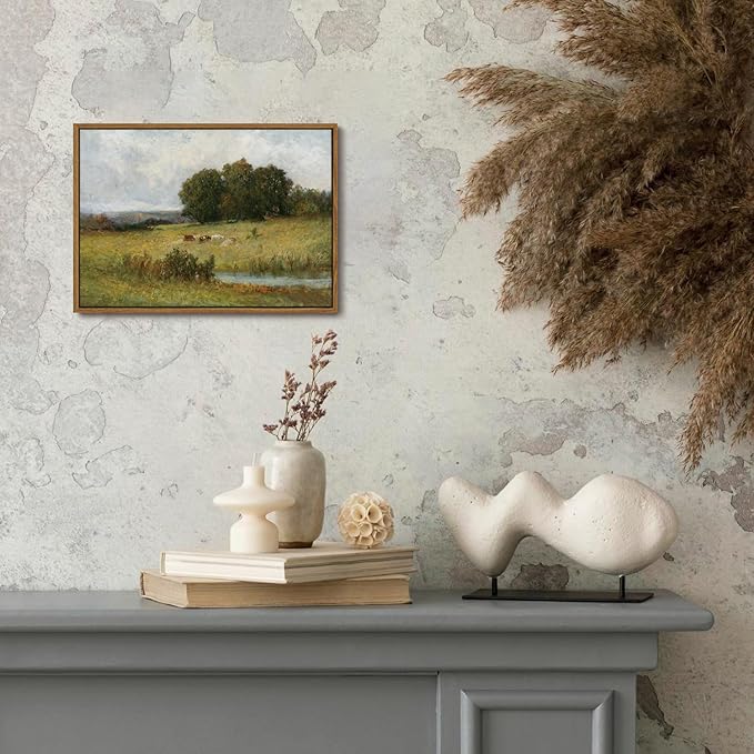 OIQArtOIQ Vintage Landscape Canvas Wall Art Framed Natural Scenery Painting Artwork Prints France Country Wilderness Farmhouse Decor Pictures Kitchen Bedroom Living Room Bathroom