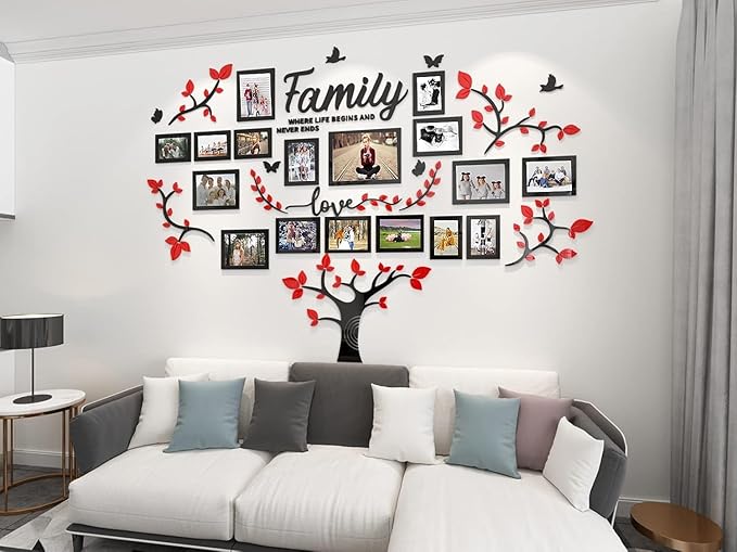 Family Tree Wall Decor - Picture Frames Collage 4x6 5x7 8x10 11x14 3D DIY-Acrylic Photo Frame for Living Room （Red 57 * 81in）