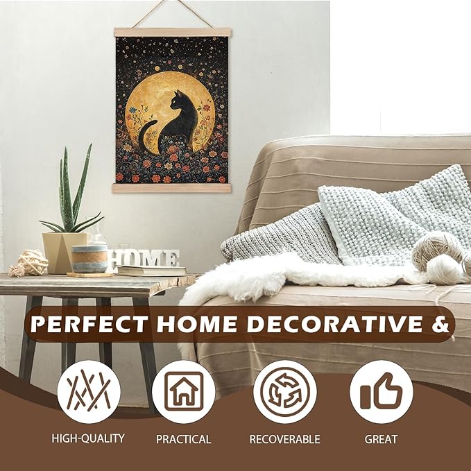 LZYRF Witchy Black Cat Full Moon Wall Art Poster Framed, Dark Cottagecore Decor, Whimsical Mystical Black Cat Floral Canvas Prints Wall Decor for Home Bedroom Living Room, 12x16 Inch