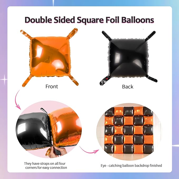 25pcs Black and Orange Foil Square Balloon Backdrop Wall &149pcs Black Orange White Balloons Arch, Double Sided Balloon Tunnel for Graduation, Birthday, Halloween Party Decor