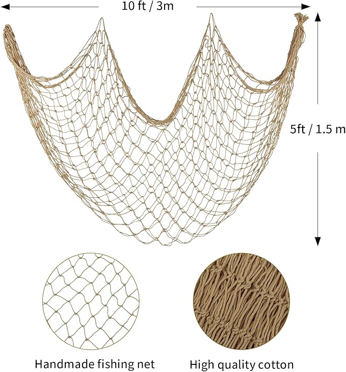 ZUEXT Caramel Decorative Fishing Net 5x10 ft, Large Picture Fish Net, Wall Photo Hanging Fishnet for Nautical Mermaid Pirate Ocean Themed Hawaii Beach Under the Sea Party Decorations