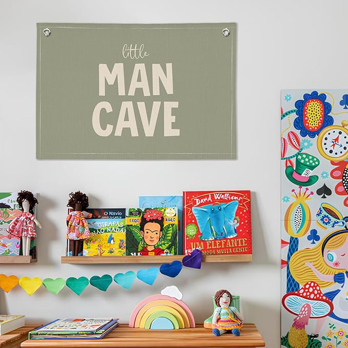 Little Man Cave Banner, Boys Room Decor, Sage Green Linen Canvas Banner Wall Hanging Flag Decor for Toddler Boy Nursery Playroom