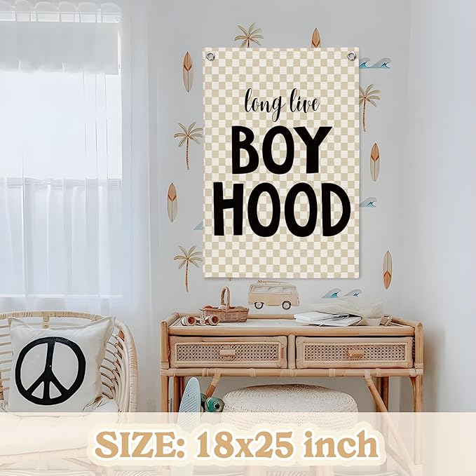 Boys Room Decor,Boys Room Wall Decor Hanging Flag Decor for Toddler Nursery,Playroom,Bedroom,Long Live Boyhood Canvas Banner 18x25 Inch