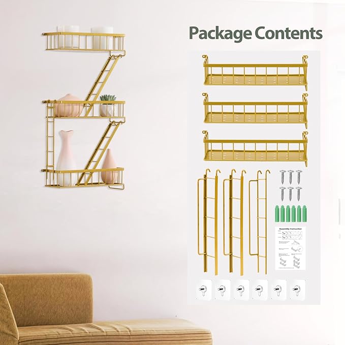 Fire Escape Wall Shelf Gold - New York Decorative Ladder Shelf, Metal Decorative Shelving for Living Room, Home Décor, Action Figure Display (3-Tier)