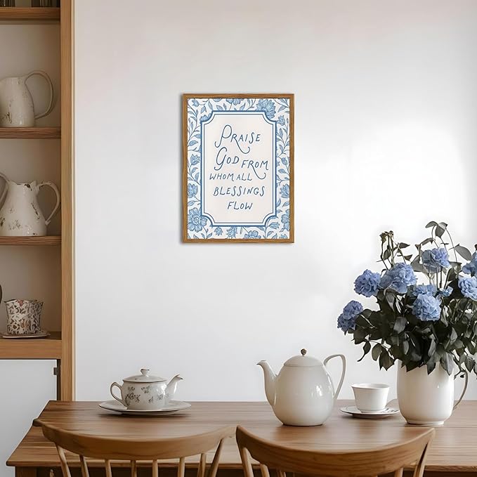 Framed Christian Wall Art, Bible Verse Praise God From Whom All Blessings Flow Pictures Wall Decor, Blue Floral Scripture Paintings Canvas Prints Religious Home Decor for Prayer Living Room 16x24 inch