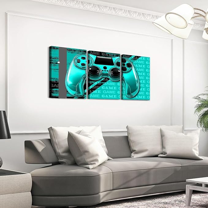 Feelyou Gamer Canvas Wall Art 12" x 16" 3 Piece Game Controller Office Wall Artwork Posters for Teens Adults Gaming Gifts Bathroom Wall Art for Home Gamepad TealBlue and Black Wall Painting