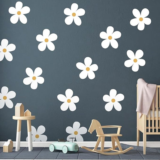 TaoBary 12 Sheet Daisy Wall Sticker Decal Removable Cute Daisy Bedroom Room Decor Flower Wall Sticker Pink White Flower Decal Wallpaper Peel and Stick for Nursery Home(White, Yellow,Charming Style)