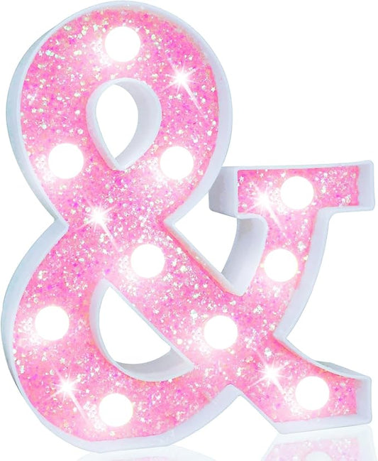 Pooqla LED Marquee Letter Lights, Light Up Letters Glitter Letter Sign Girls Gift, Battery Powered Night Light Pink Birthday Party Room Wedding Christmas Girls Bedroom Dorm Decoration, Cool White &