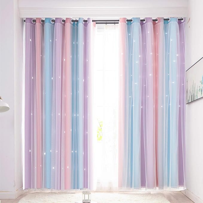 UNISTAR Blackout Stars Kids Curtains for Girls Bedroom Aesthetic Decor Colorful Kawaii Double Layer Star Cut Out Stripe Pink Rainbow Window Wall Home Decoration Curtain,1 Panel,W52 x L84 Inches