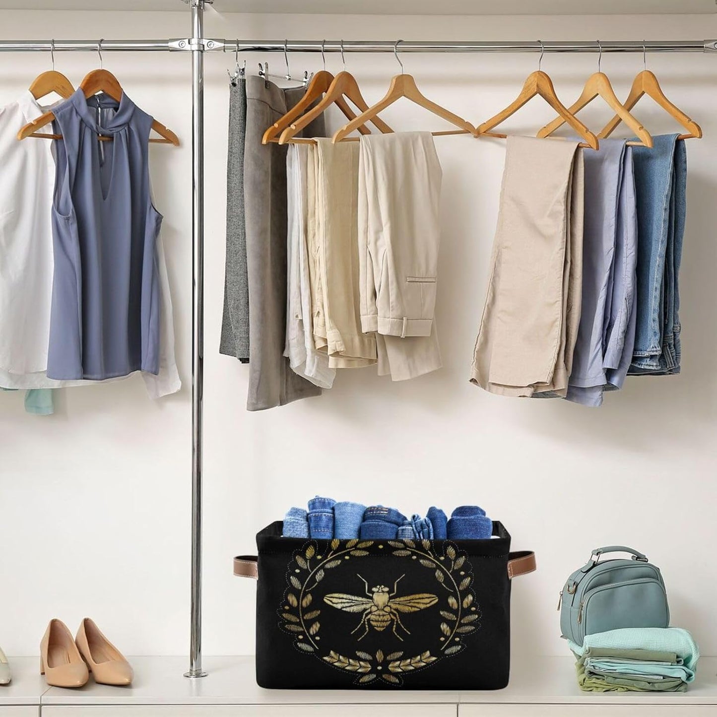 susiyo Storage Baskets for Shelves Organizer Baskets with Metal Frame Closet Storage Bins Fabric Bins Cubes with PU Handles for Organizing Shelf Nursery Toys 2 PACK,Gold Bee Floral