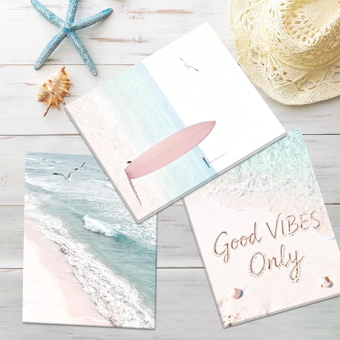 CHDITB Beach Framed Canvas Wall Art, Coastal Palm Tree Artwork, Tropical Ocean Wall Decor, Boho Surfboard Poster, Pink Aesthetic Summer wave Art Prints For Living Room Seaside Cottage Decor 8”X10”x6