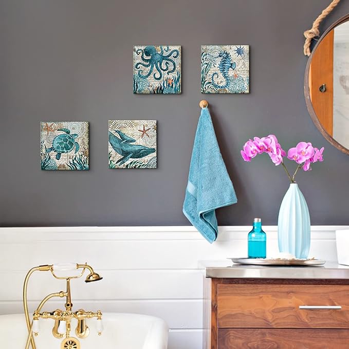 Coastal Beach Wall Art for Living Room Sea Turtle Pictures Bathroom Wall Decor Teal Blue Nautical Themed Seahorse Canvas Painting Ocean Animal Whale Posters Bedroom Kitche Home Decoration 8x8" 4