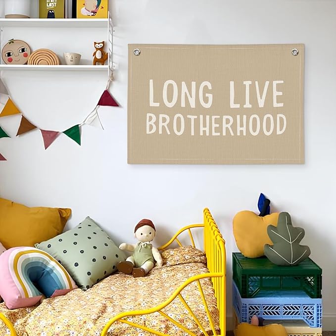 Brotherhood Nursery Decor - Long Live Brotherhood Stonewashed Linen Banner for Baby Boy Shower Gift, Toddler Room & Boys Adventure Bedroom - Brother Bond Wall Art 20x30 Inch