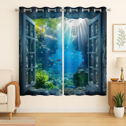Ocean Fishs Blackout Curtains for Girls Boys Home Decor, Underwater Tropical Fish Undersea Coral Grommet Thermal Insulated Drapes Darkening Window Curtain for Bedroom Living Room, 42 x 45 Inch
