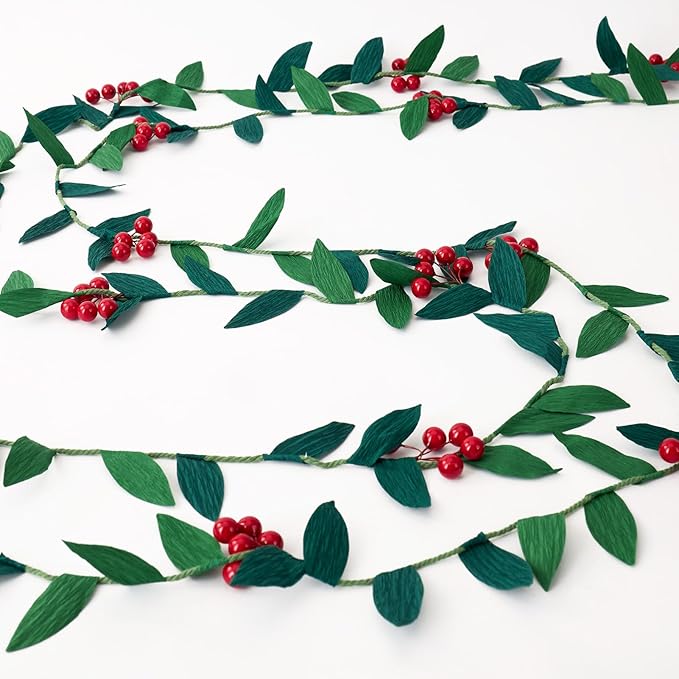 Christmas Banner Garlands 2 Pcs, with Handcrafted Paper Leaves and Decorative Red Berries, Paper Greenery Garland Banner for Xmas Indoor Home Office Decorations