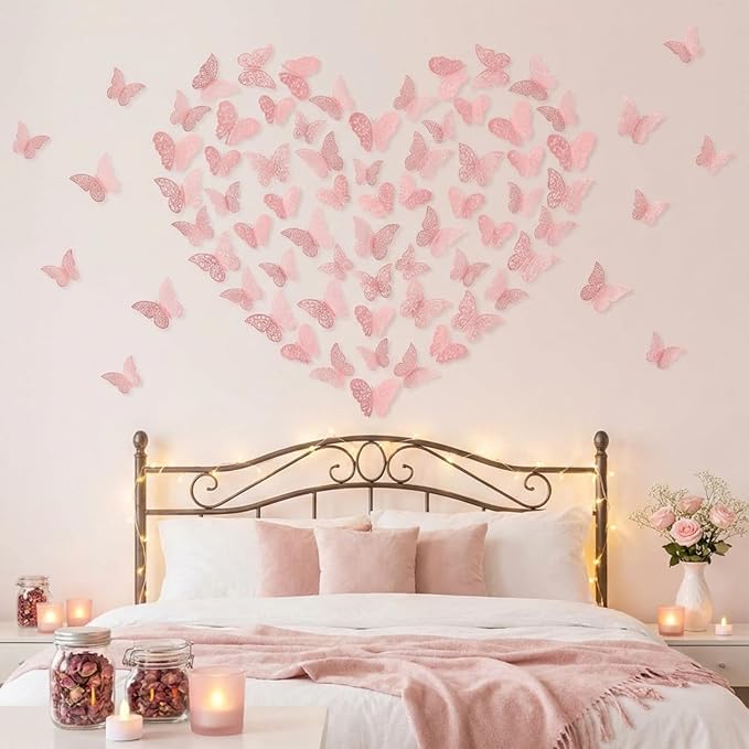 Bememo 72 Pieces 3D Butterfly Wall Decals Sticker Decal Wall Decor Art Decorative Sticker 3 Sizes for Room Offices Bedroom Bathroom Living Room Decor(Light Pink)