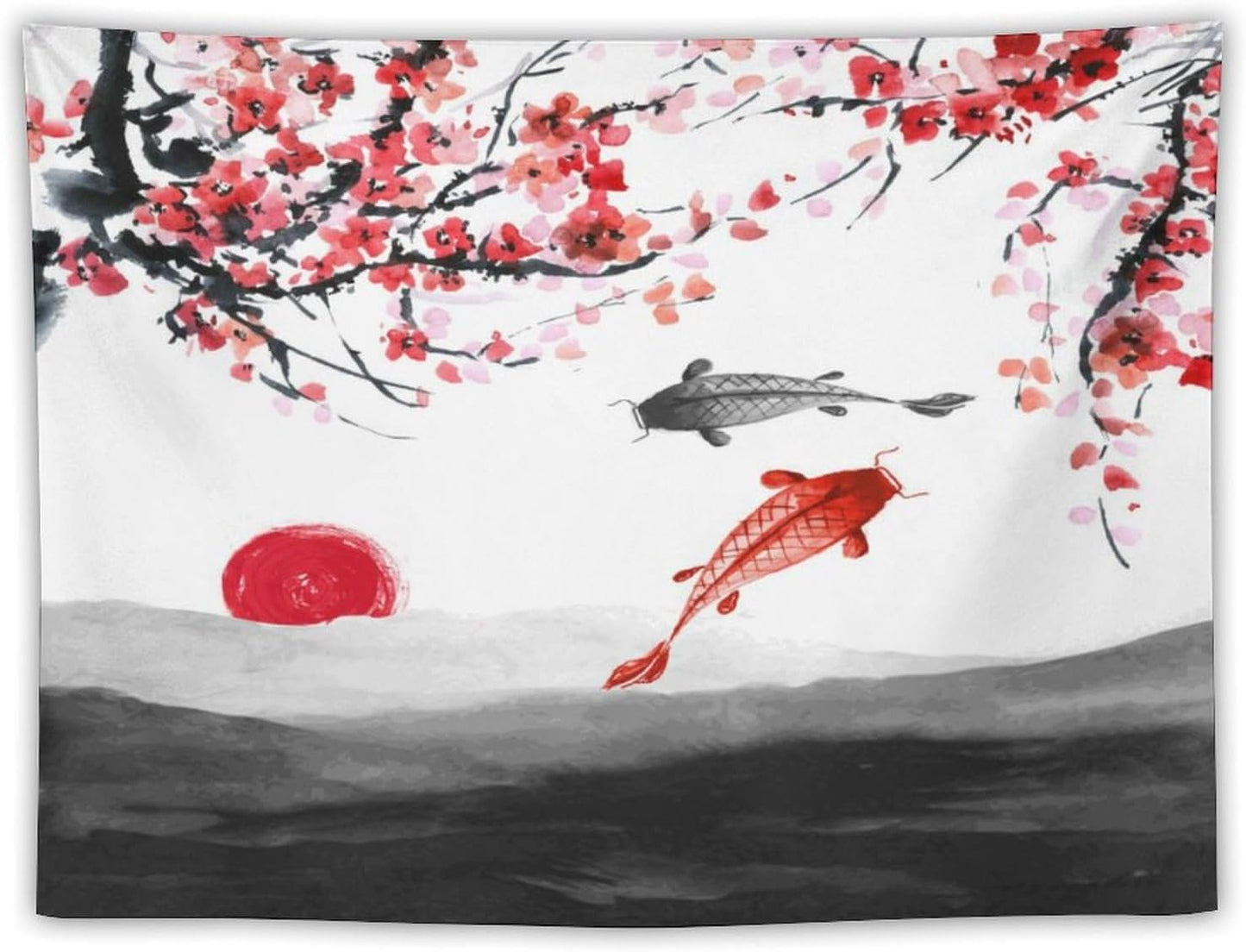 Houselerax Japanese Koi Fish Tapestries, Cherry Blossoms Asian Oriental Flower Branch Koi Fish Carp Tapestry Wall Hanging for Bedroom Living Room Office Decor 60"x40"