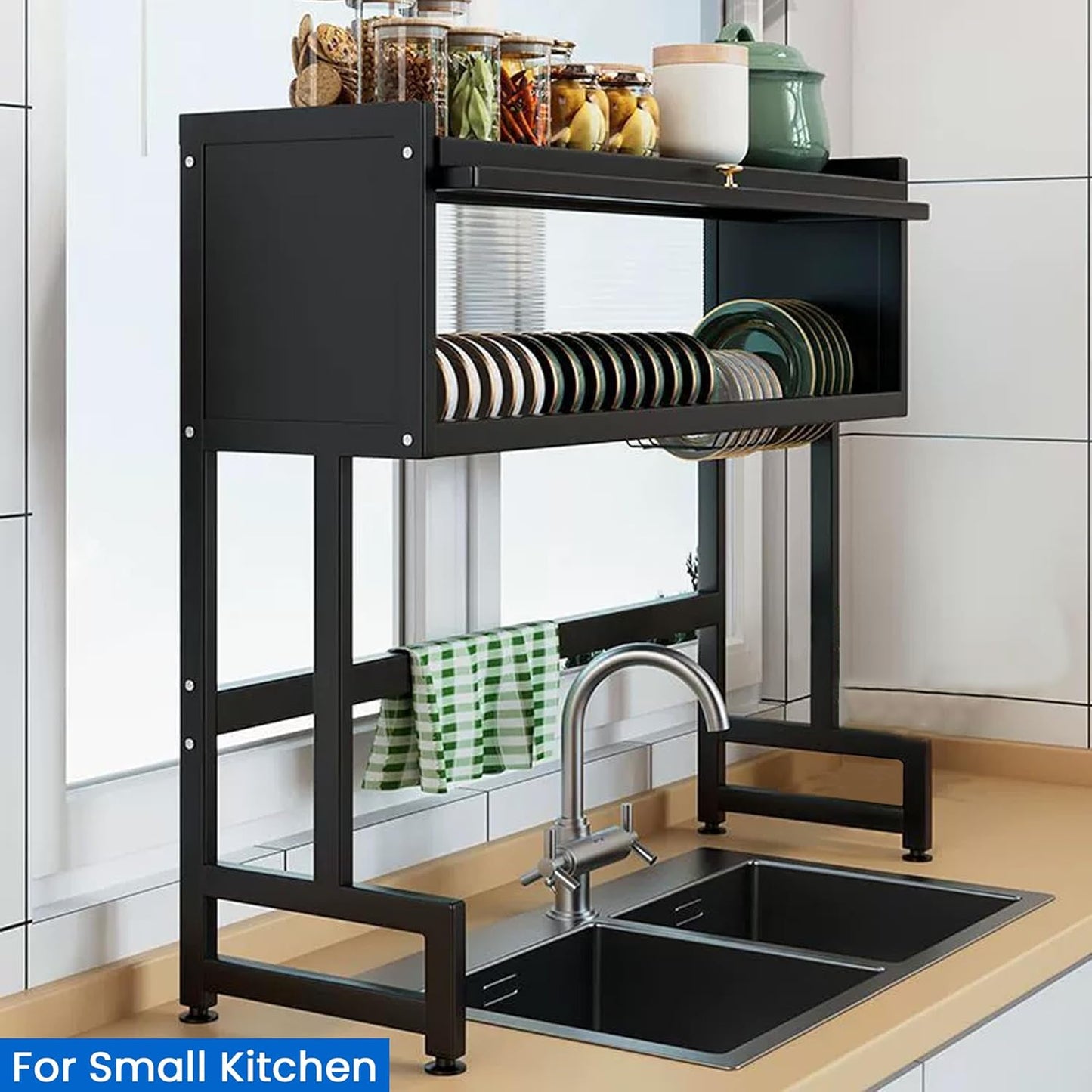 Dish Drying Rack, 3-Tier Over Sink Dish Drying Rack, 33.5" Over Sink Dish Rack for Small Kitchen, Space-Saving Dish Rack with Cover, Baskets, Utensil, Large Sink Storage Organizer Black