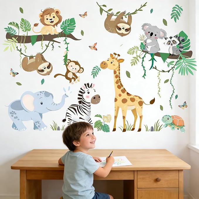 Animal Wall Decals for Baby: Peel & Stick Wall Stickers for Nursery Kids Room Decor - Forest & Safari Theme - Easy to Apply & Removable - Ages 0-12 Years