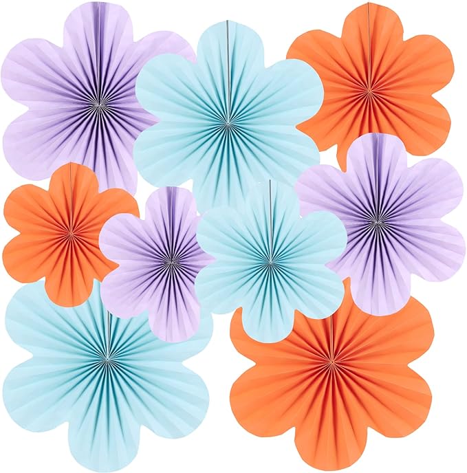 SUNBEAUTY 9 Pcs Paper Flowers Decorations for Wall, Blue and Orange for Wall Paper Flower Fan Classroom Decoration Paper Floral Backdrop Decor Paper Fans Decoration Hanging Paper Flower Wall Decor