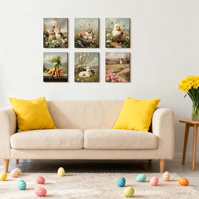 CHDITB Easter Framed Canvas Wall Art Set, Vintage Bunny Rabbit Chick Lamb Artwork, Spring Farmhouse Wall Decor, Easter Eggs Tulip Poster, Country Farm Painting For Living Room Bedroom Decor 8”X10”