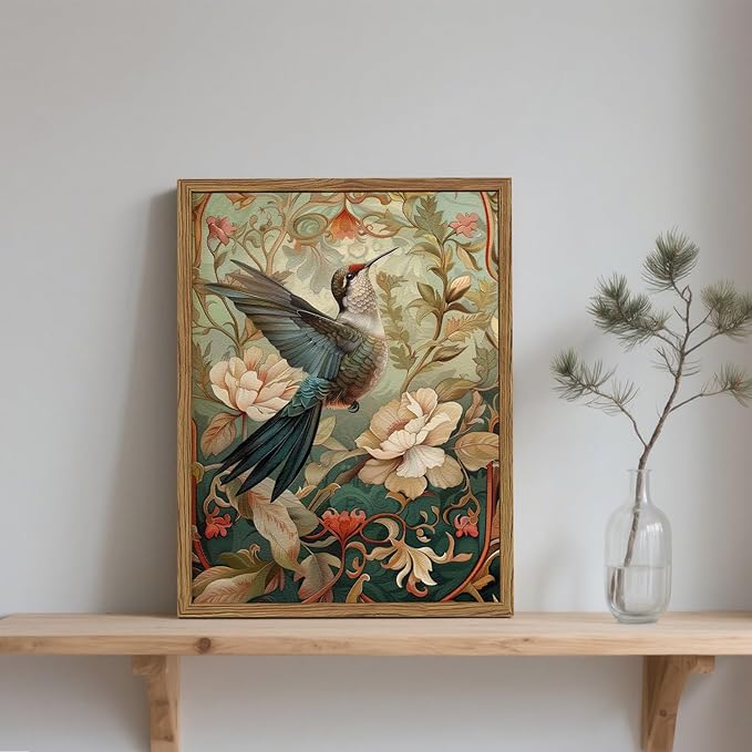 Framed Vintage Hummingbird Wall Art, Floral Bird Wall Decor Paintings, 3D Sandstone Textured Nature Botanical Pictures Prints Aesthetic Home Decor for Living Room Bedroom Bathroom Office 12x16 inch