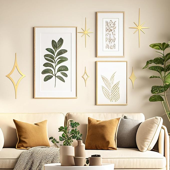 Yaocom 5 Pcs Gold Star Wall Decor Mid Century Modern Style Wall Decoration Metal Vintage Retro Art Decor Mcm Sculpture Elegance Accents Style Diamond Starbursts Hangings for Nursery Home Office Room
