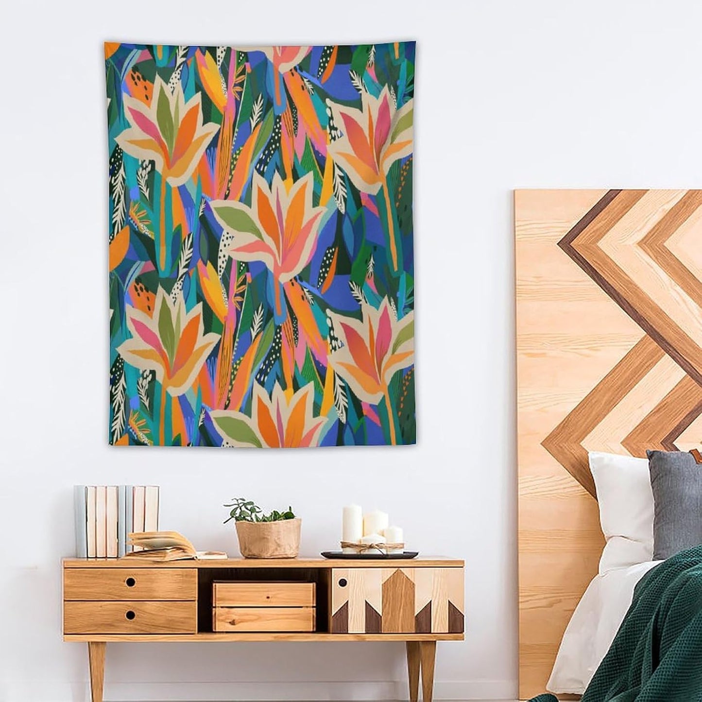 ICMOLYYENLO Boho Green Leaves Tapestry, Mid Century Abstract Tropical Palm Leaves Modern Minimalist Geometric Wall Hanging, Neutral Home Decor Art for Living Room Bedroom Dorm 60x60 Inch