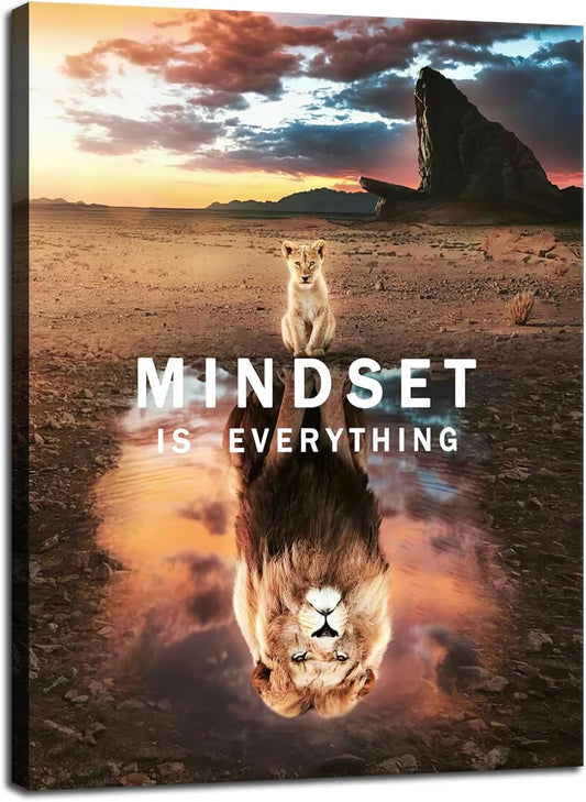 Inspirational Canvas Wall Art Mindset is Everything Motivation Pictures Painting Modern Motivational Lion Posters Prints Artwork Decor Office Home Living Room Framed Ready to Hang[30" W X 40" H]