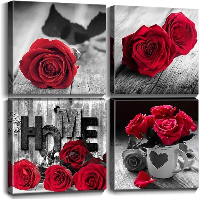 Red Rose Wall Art Red and Black Wall Decor for Living Room Master Bedroom Rustic Farmhouse Flowers Canvas Prints Floral Picture Love Themed Painting Modern Artwork Bathroom Home Decoration 24x24” 4Pcs