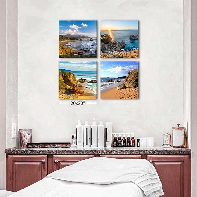 Oregon Coast Beach Wall Art Ocean Landscape Canvas Pictures Prints Coastal Wall Decor for Bathroom Living Room Kitchen Modern Home Decorations Nature Scenery Paintings Nautical Artwork 20x20” 4 Pcs