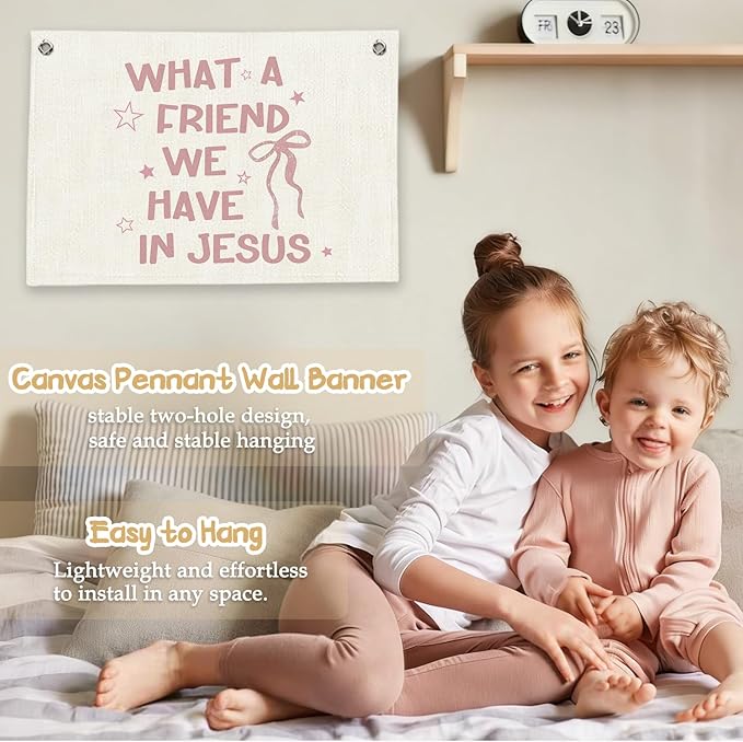 RTXLEZM What a Friend We Have Jesus Christian Decor, Coquette Pink Bow Bible Verses Canvas Banner Wall Hanging, Preppy Religious Wall Banner Decor for Girls Bedroom Room Dorm, 20x30 Inch