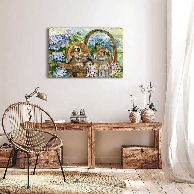 Farmhouse Canvas Wall Art Rabbit Pictures Easter Wall Decor for Bedroom Funny Bunny Painting Blue Flowers Poster Vintage Wood Grain Prints Artwork Kitchen Living Room Home Decoration 24x36"