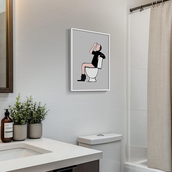 Framed Funny Bathroom Wall Decor, Black and White Quirky Man Canvas Painting Print Bathroom Humor Wall Art, Gray Cartoon Guy on Toilet Picture Artwork for Toilet Restroom Washroom Wall Decor, 12x16 In
