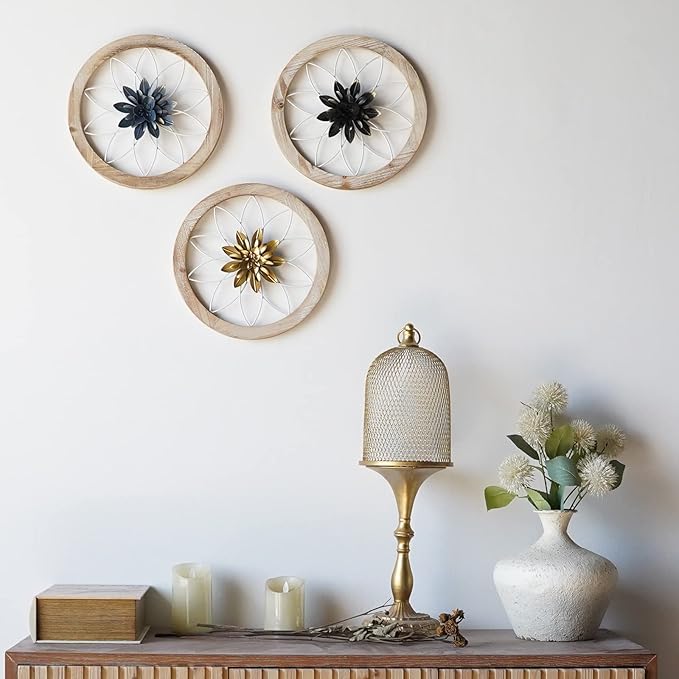 Paquesta 3 Piece Round Farmhouse Wall Decor with 6 Piece Interchangeable Flowers 15.75'' Medallion Wood & Metal Rustic Wall Art for Living Room Bedroom Kitchen Bathroom Dining Room Home Decorations (large white wheel)