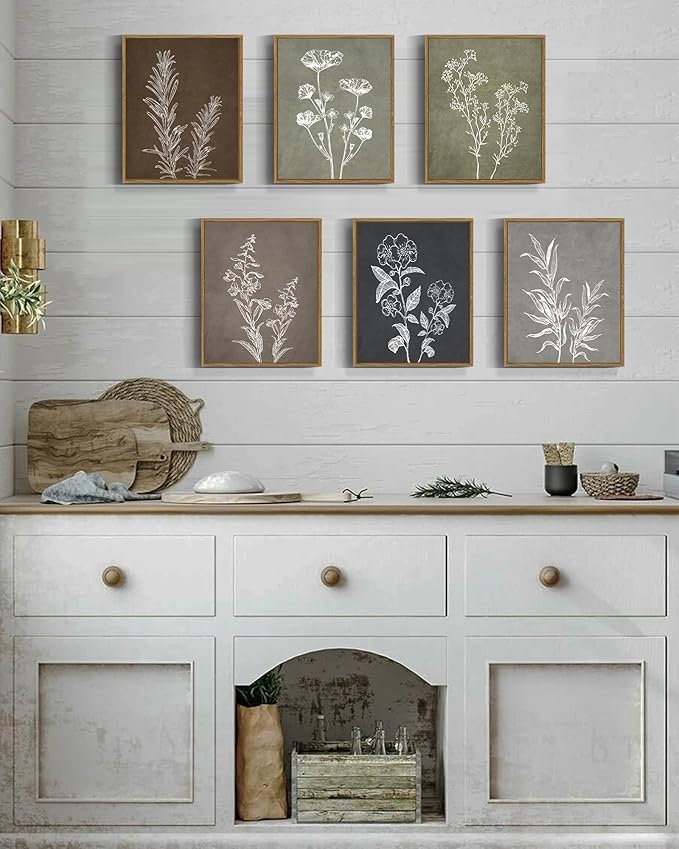 Drsoum Vintage Botanical Wall Art Framed Boho Wall Decor Wooded Minimalist Plant Print Modern Rustic Farmhouse Home Kitchen 8x10inx6pcs