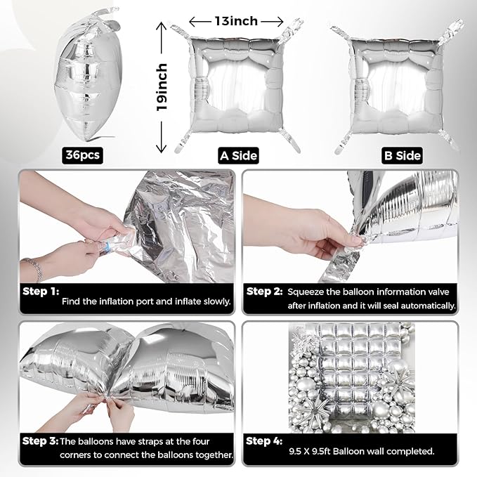 36pcs Metallic Silver Square Foil Balloons Wall Backdrop with 79pcs Balloon Garland Arch Kit, Double Sided Balloon for Bachelorette Baby Shower Birthday Anniversary Graduation Party Decorations