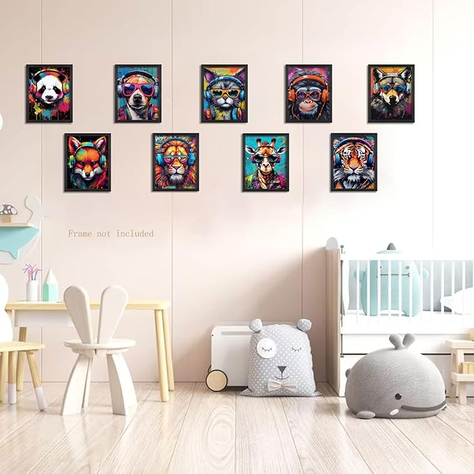 Ucninvd Graffiti Gaming Posters Wall Art Set of 9, Boys Gamer Controller Wall Decor Paintings, DJ Animals Earphone Picture Prints Boys Room Kids teeny for Room Bedroom Decoration 8x10In Unframed