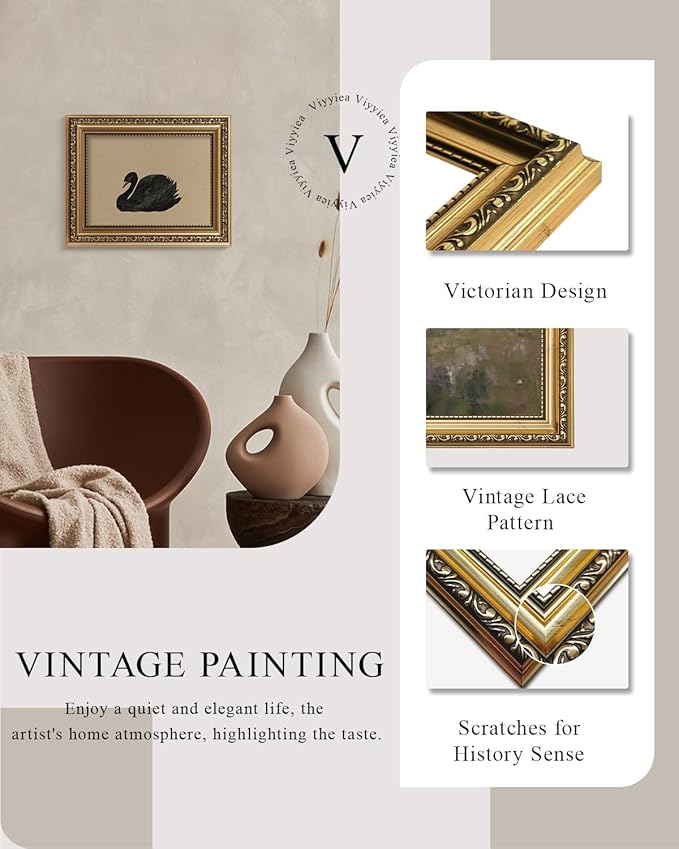 VIYYIEA Gold Framed Black Swan Vintage Canvas Wall Art, Elegant Wildlife Decor for Living Room or Office | Lightweight No Glass Design, Zero-Glare Textured Finish | 8x10 Inch