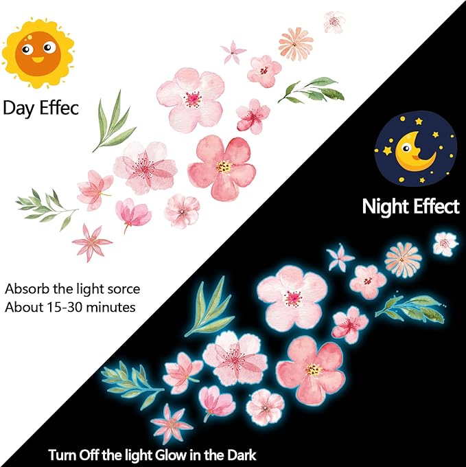 Glow in The Dark Boho Flower Wall Decals，Glowing Luminous Pink Watercolor Flower Wall Stickers Removable self-Adhesive Wildflower Decals for Girls Bedroom Kids Baby Nursery Living Room Decor