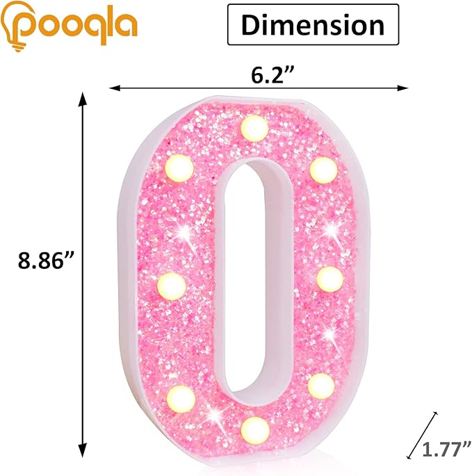Pooqla LED Marquee Letter Lights, Pink Glitter Light Up Letters Alphabet Sign Battery Powered Night Light, Birthday Party Wedding Girls Gifts, Christmas Room Dorm Bedroom Decoration, Pink Letter O