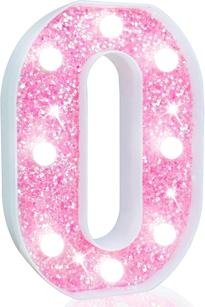 Pooqla Marquee Number Lights, Pink Light Up Numbers for Girls 10th Birthday, Battery Powered Glitter Number Night Light Gift for Christmas Bedroom Dorm Party Decoration, Cool White Number 0