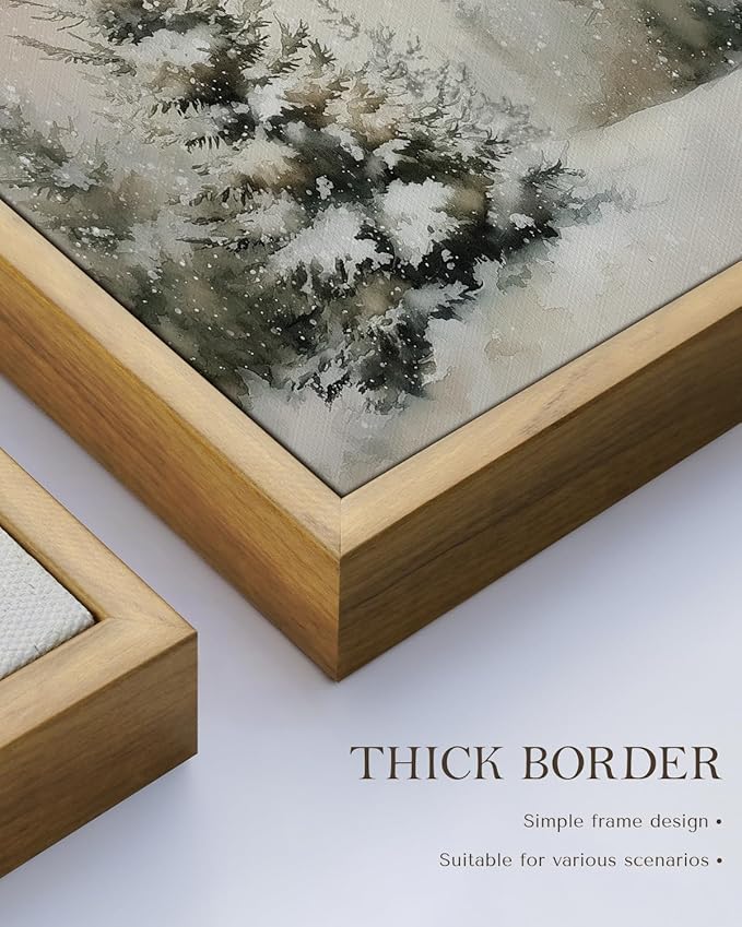 Vintage Winter Snow Mountain Wall Art 12x16 Framed Canvas Print, Snowy Pine Tree Forest Landscape Painting, Rustic Neutral Christmas Living Room Bedroom Entryway Farmhouse Holiday Home Decor
