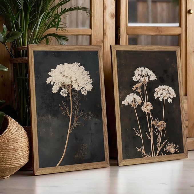 2Pcs Framed Moody Botanical Wall Art with Wood Frame Vintage Queen Anne’s Lace Flower Canvas Paintings Rustic Floral Poster Picture Prints Decor for Farmhouse Living Roomor Bedroom12X16Inch