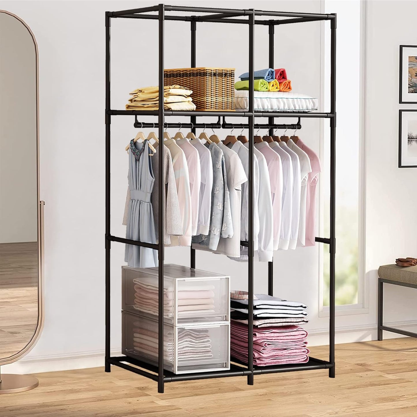 SORCEDAS Portable Wardrobe Closet Storage Organizer Metal Hanging Rack Non-Woven Fabric 34 Inch Grey